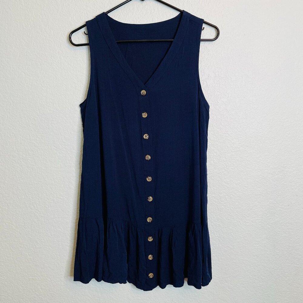 Dark Blue Sleeveless Button Front Ruffled Hem Vneck Rayon Shift Dress | Medium